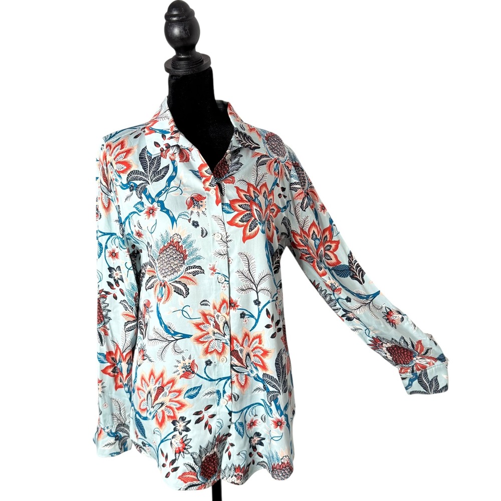 Chico's 0 Sand Wash Satin Paisley Floral Print Top Size 4/6 Button Long Sleeve